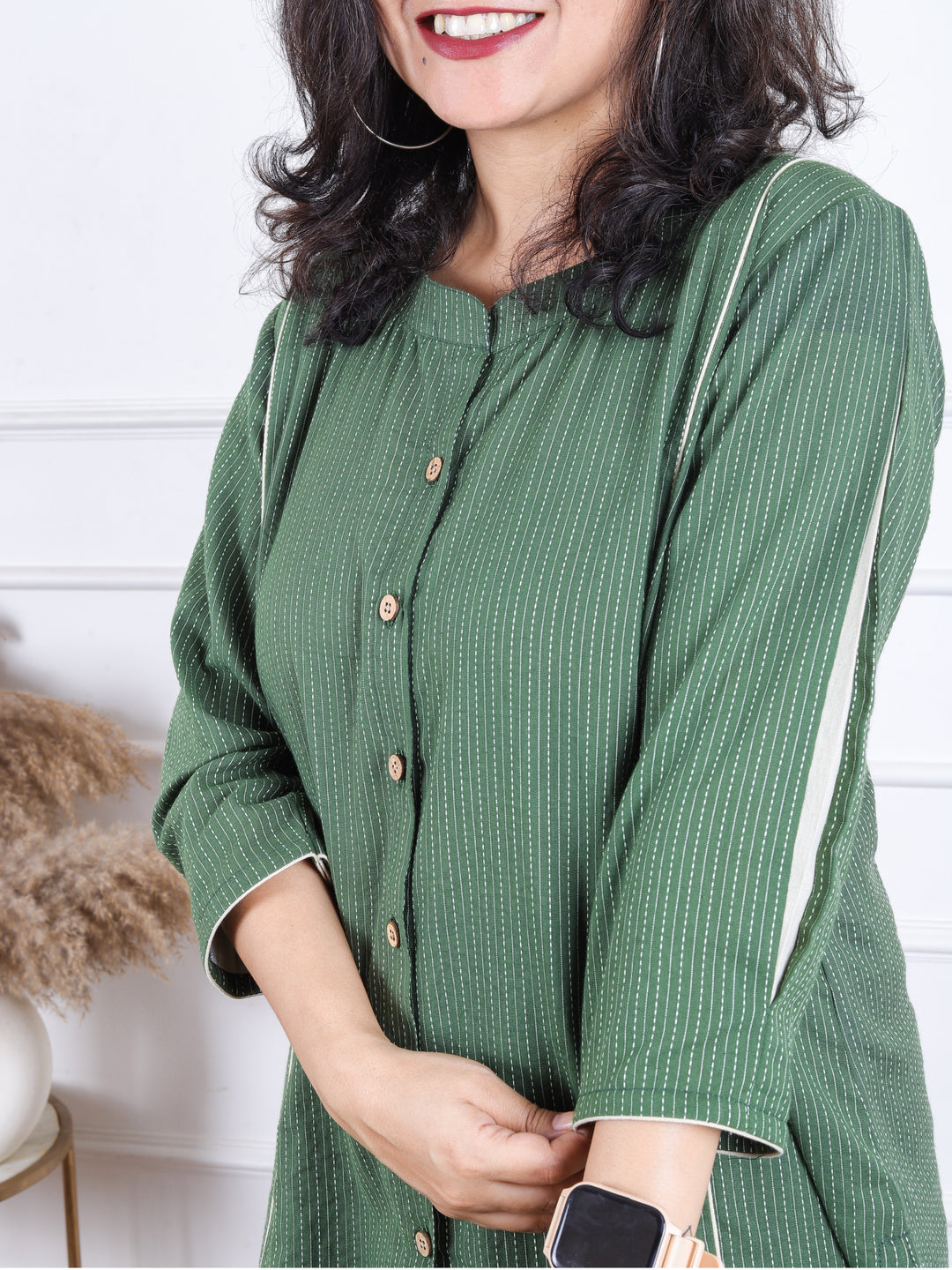 Rani Pine Green Ban Collar with Piping and Button Work Short Kantha Cotton Shirt