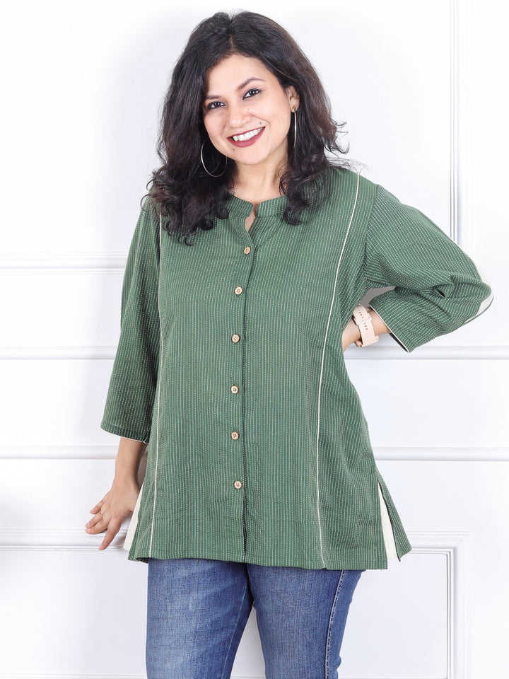 Rani Pine Green Ban Collar with Piping and Button Work Short Kantha Cotton Shirt