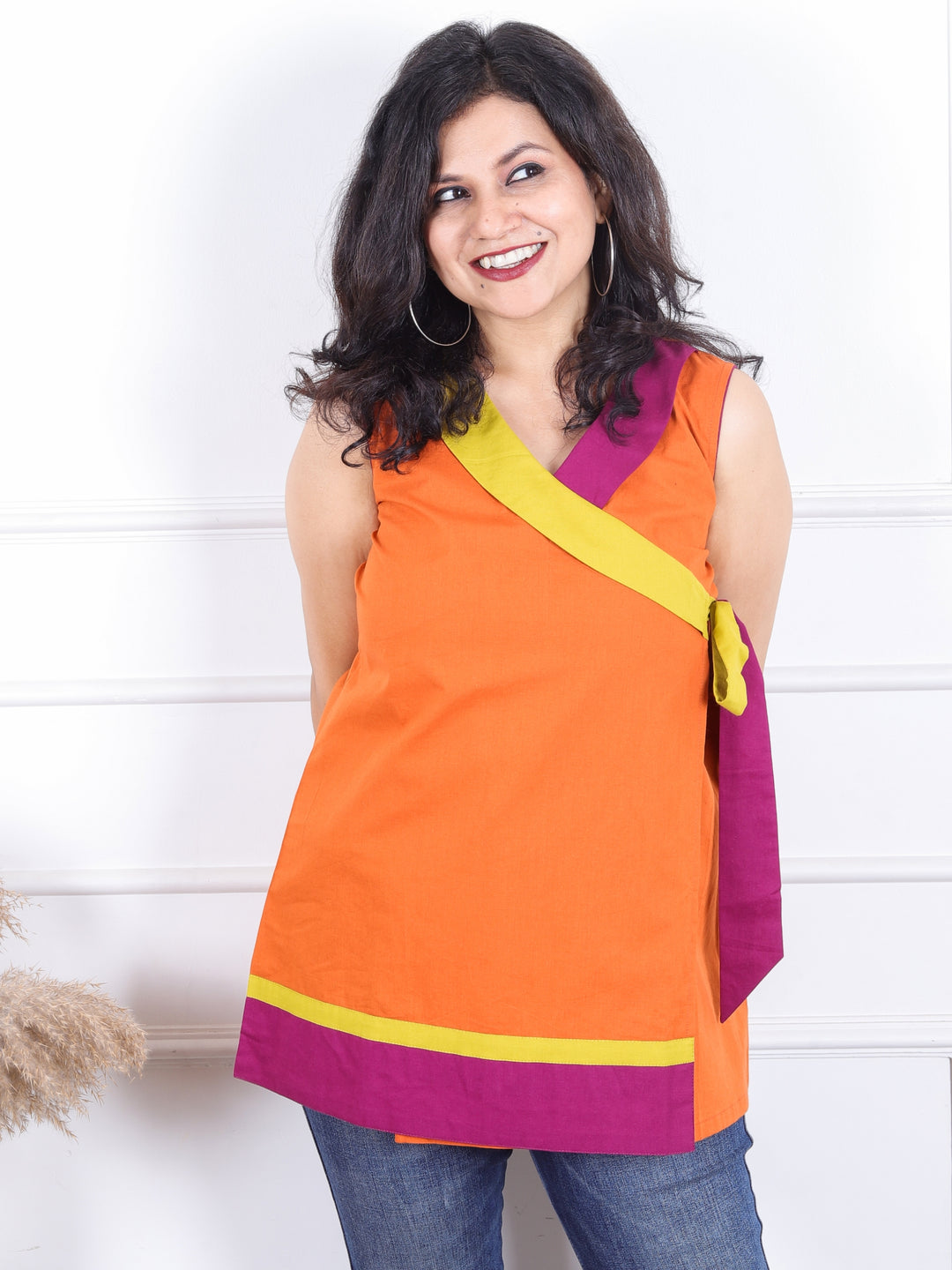 Parindey Tangerine Orange Angrakha Style Neck With Knot Detailing Short Kurti
