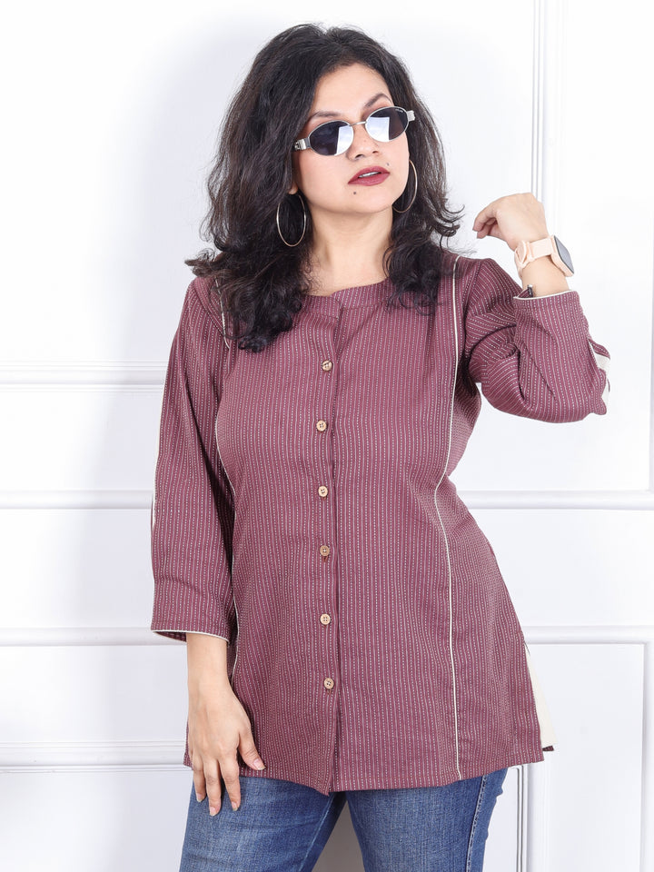 Rani Dark Mauve Ban Collar with Piping and Button Work Short Kantha Cotton Shirt