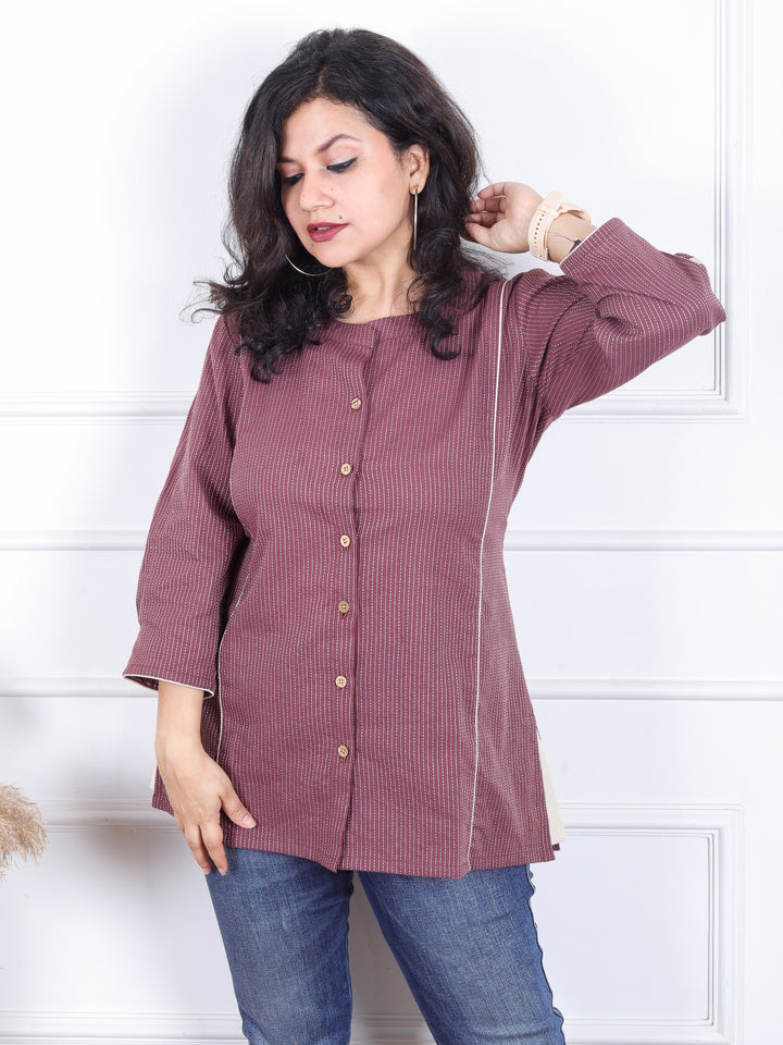 Rani Dark Mauve Ban Collar with Piping and Button Work Short Kantha Cotton Shirt