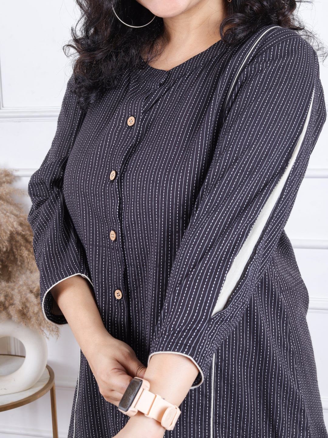 Rani Night Black Ban Collar with Piping and Button Work Short Kantha Cotton Shirt