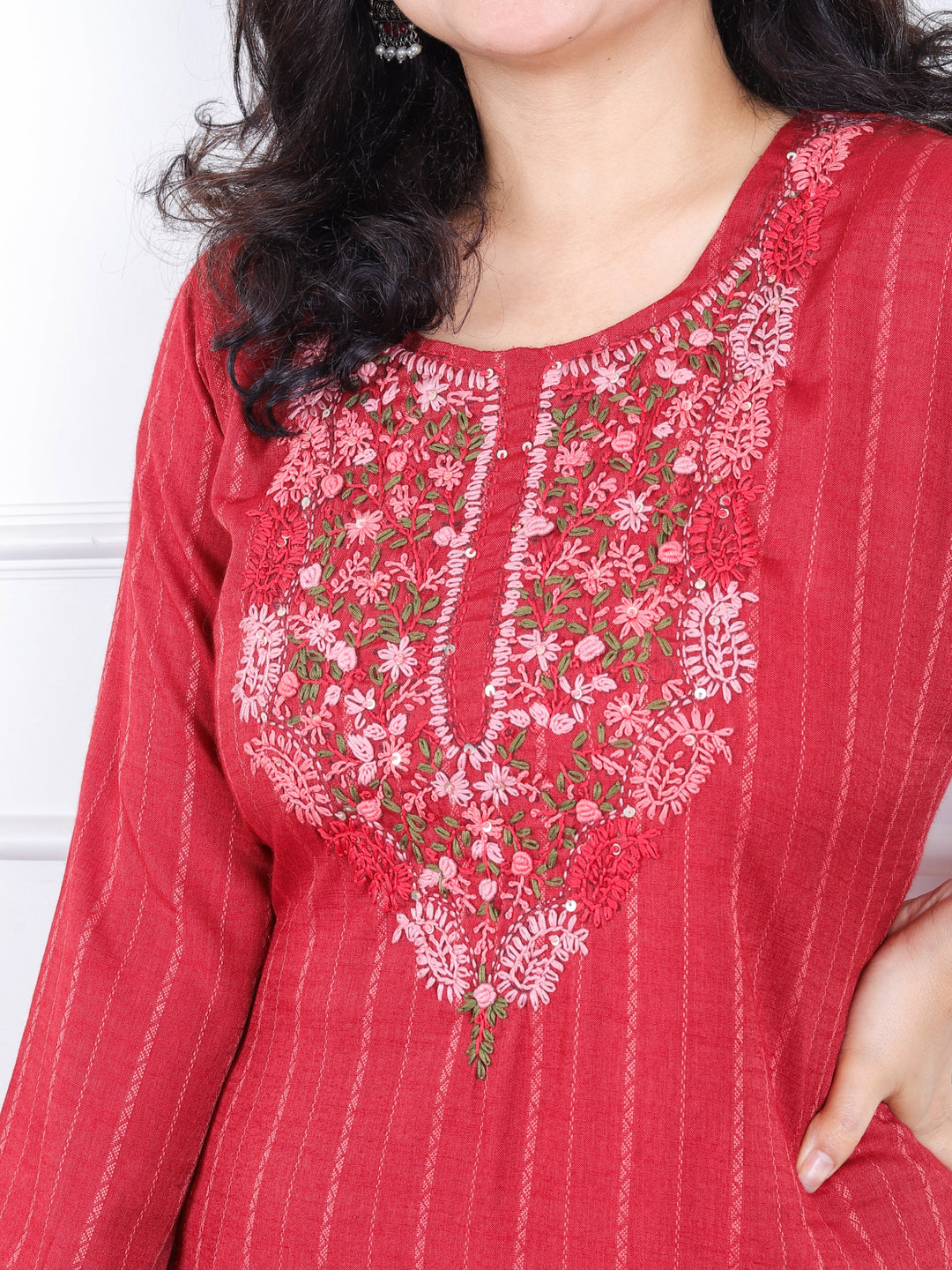 Khawabi Cherry Red Hand Kolkata French Knot Embroidery Dobby Viscose Rayon Kurti