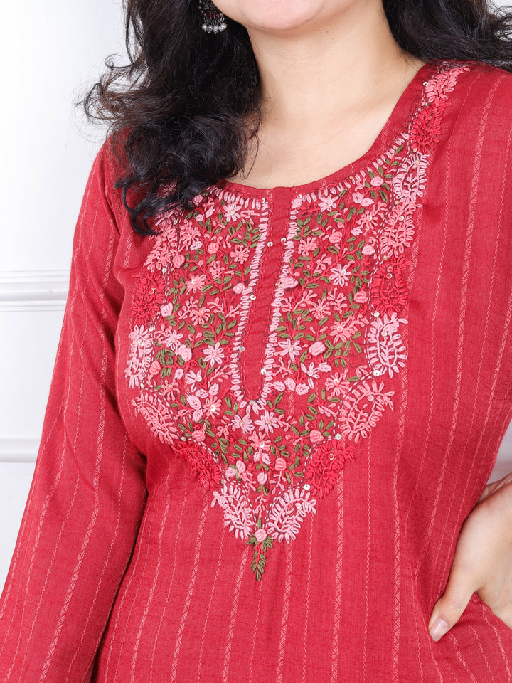 Khawabi Cherry Red Hand Kolkata French Knot Embroidery Dobby Viscose Rayon Kurti