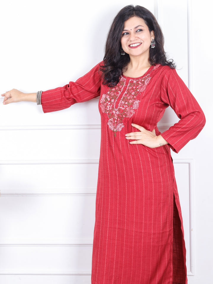 Khawabi Cherry Red Hand Kolkata French Knot Embroidery Dobby Viscose Rayon Kurti
