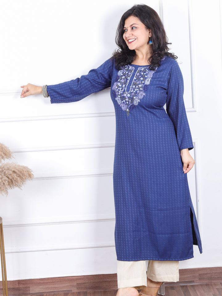 Khawabi Cerulean Blue Hand Kolkata French Knot Embroidery Dobby Viscose Rayon Kurti