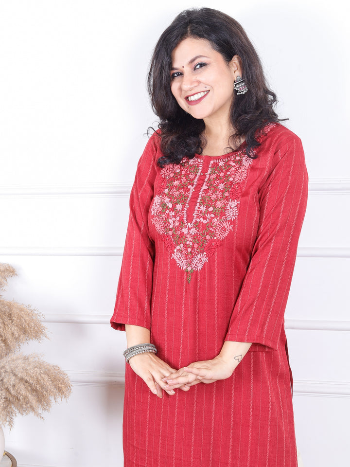 Khawabi Cherry Red Hand Kolkata French Knot Embroidery Dobby Viscose Rayon Kurti