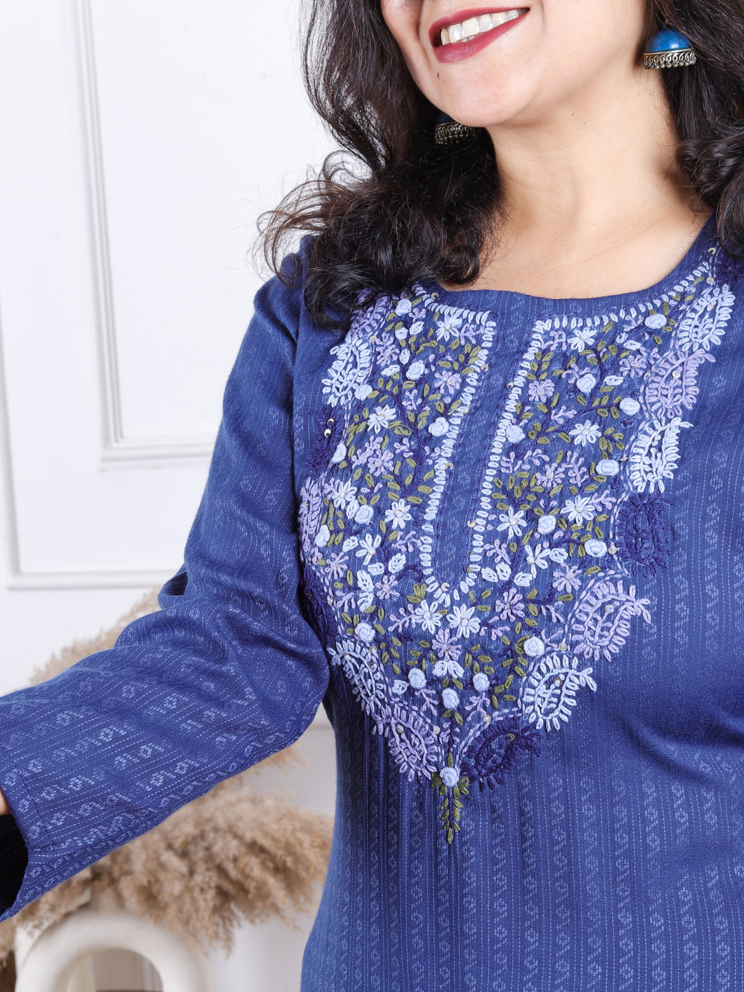 Khawabi Cerulean Blue Hand Kolkata French Knot Embroidery Dobby Viscose Rayon Kurti