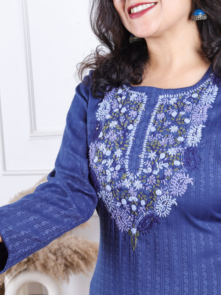 Khawabi Cerulean Blue Hand Kolkata French Knot Embroidery Dobby Viscose Rayon Kurti