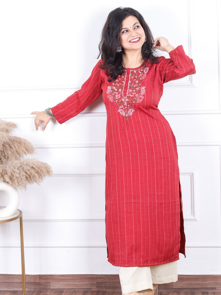 Khawabi Cherry Red Hand Kolkata French Knot Embroidery Dobby Viscose Rayon Kurti