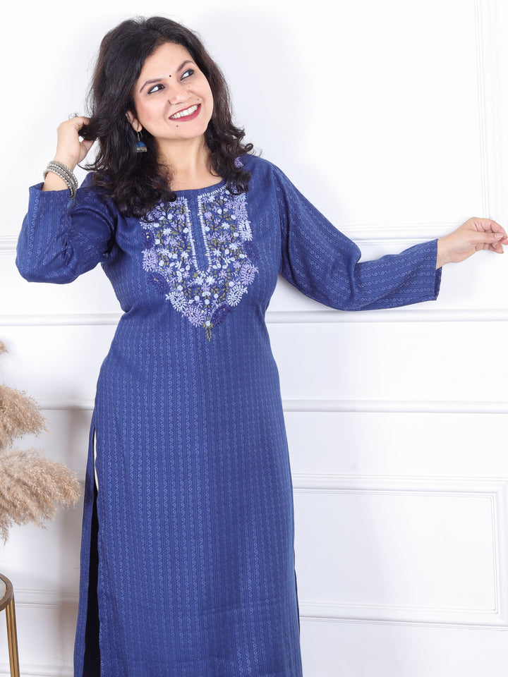 Khawabi Cerulean Blue Hand Kolkata French Knot Embroidery Dobby Viscose Rayon Kurti