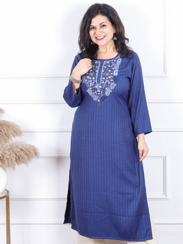 Khawabi Cerulean Blue Hand Kolkata French Knot Embroidery Dobby Viscose Rayon Kurti