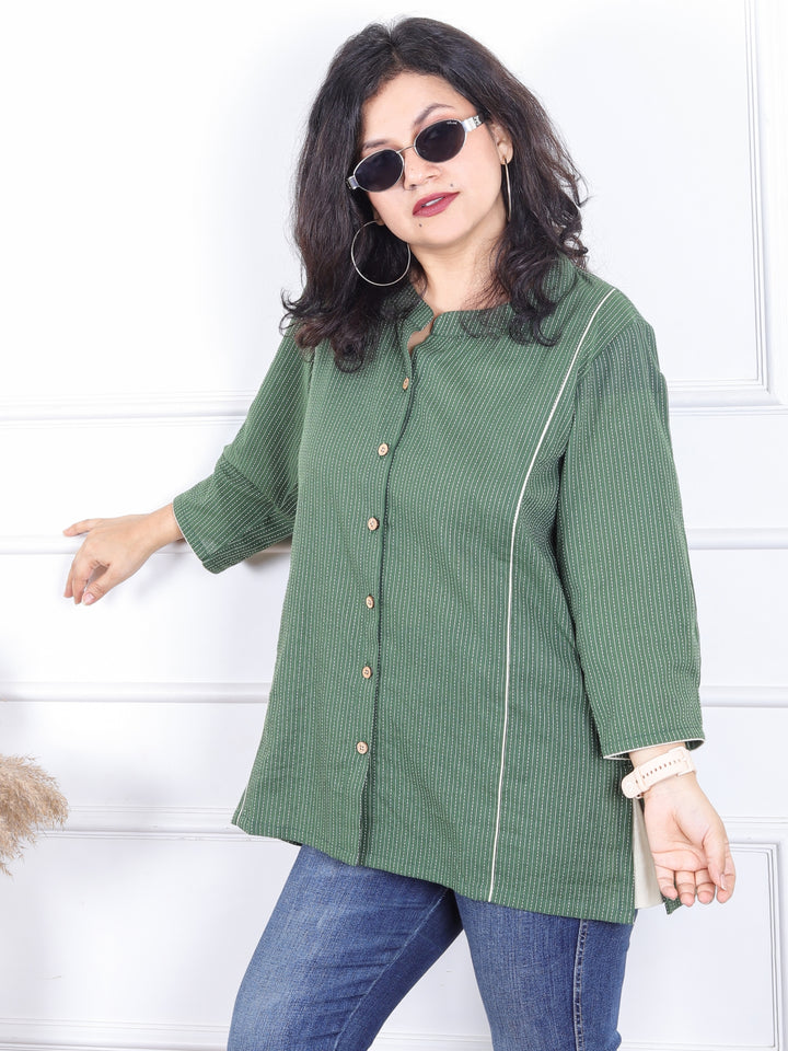 Rani Pine Green Ban Collar with Piping and Button Work Short Kantha Cotton Shirt
