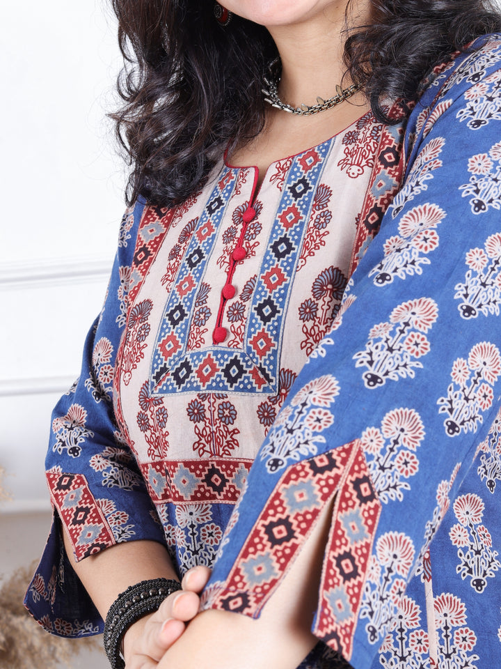 Dashtaan Cerulean Blue Authentic Ajrak Print with Potli Button Kali Style Cotton Kurti