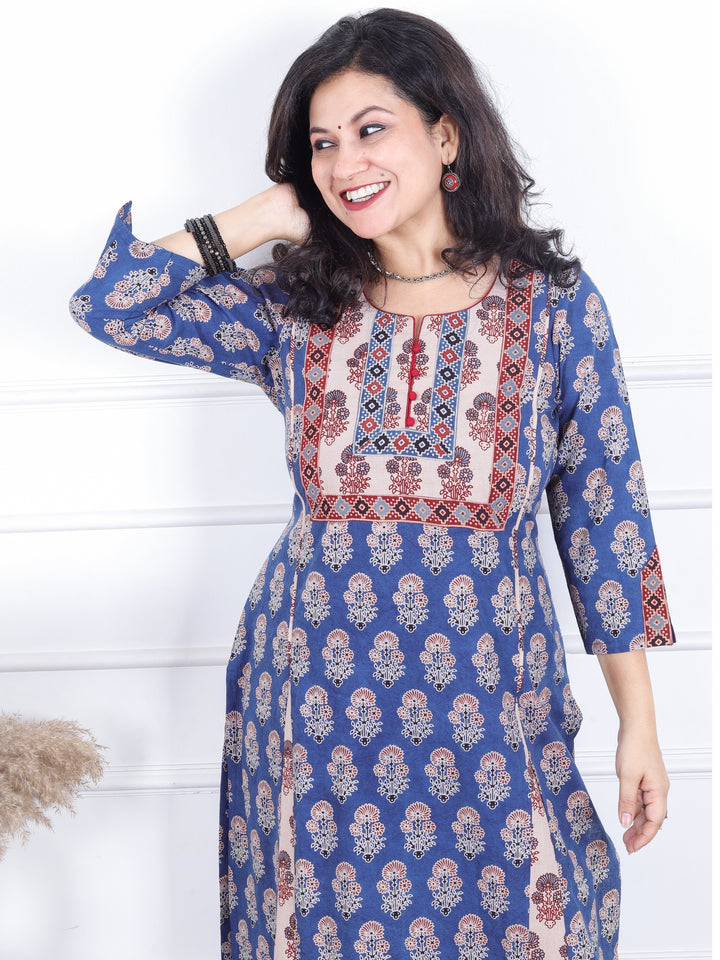 Dashtaan Cerulean Blue Authentic Ajrak Print with Potli Button Kali Style Cotton Kurti