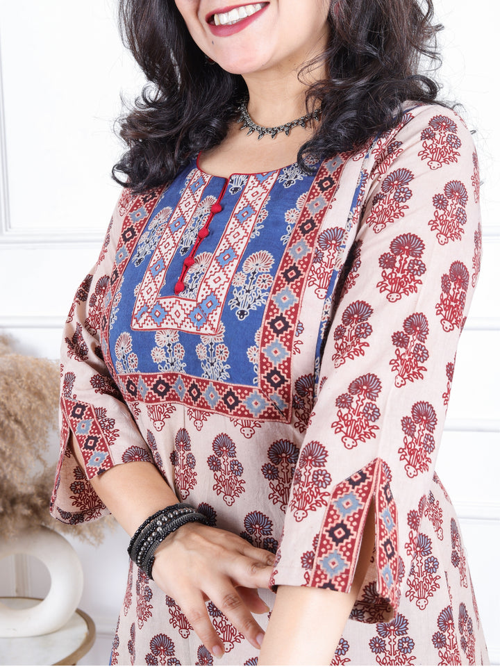 Dashtaan Skin Beige Authentic Ajrak Print with Potli Button Kali Style Cotton Kurti