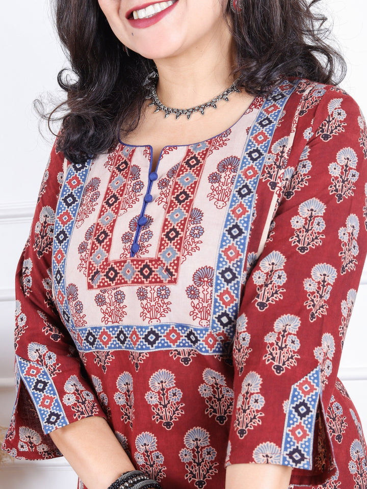 Dashtaan Berry Red Authentic Ajrak Print with Potli Button Kali Style Cotton Kurti
