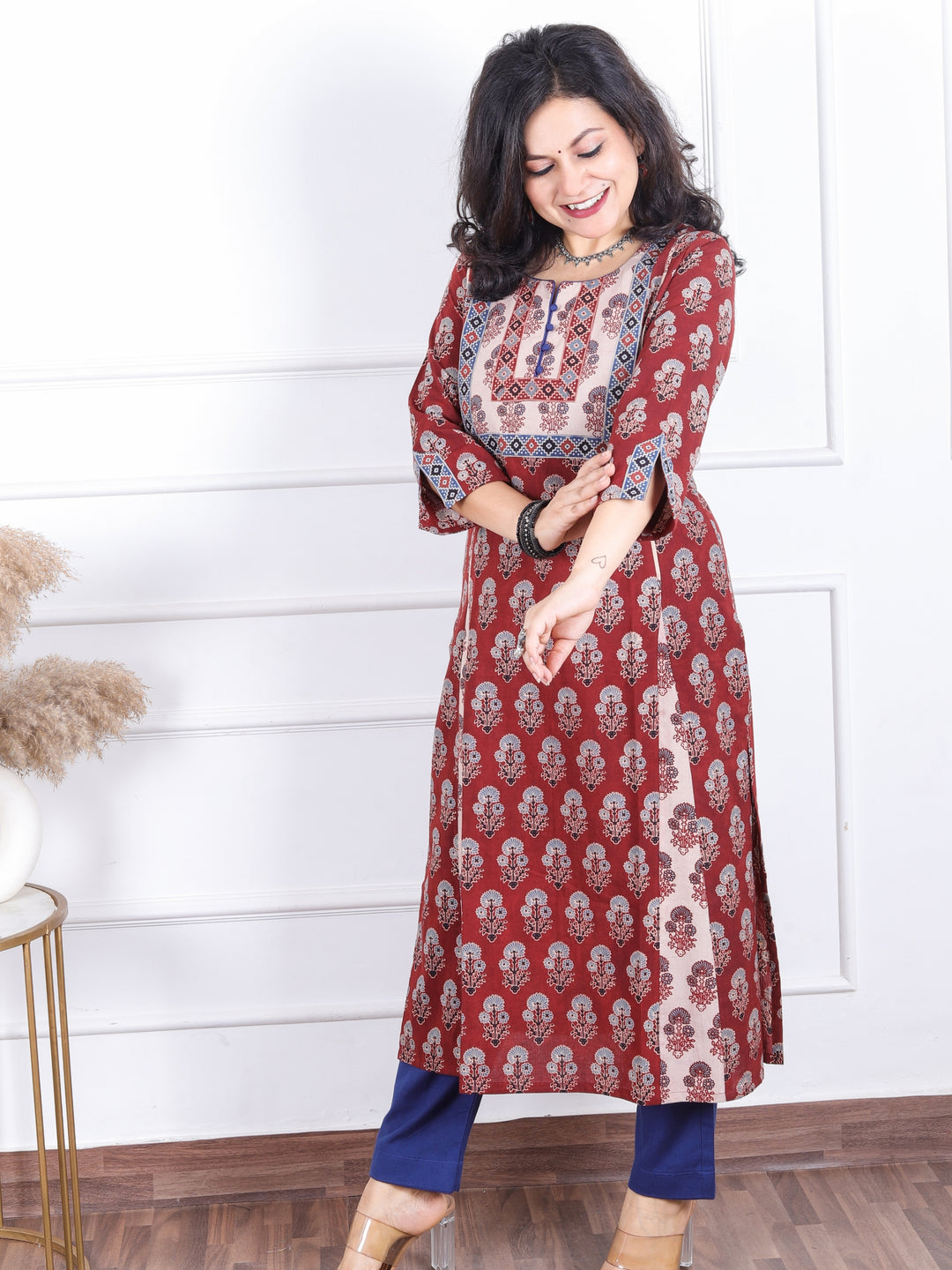 Dashtaan Berry Red Authentic Ajrak Print with Potli Button Kali Style Cotton Kurti