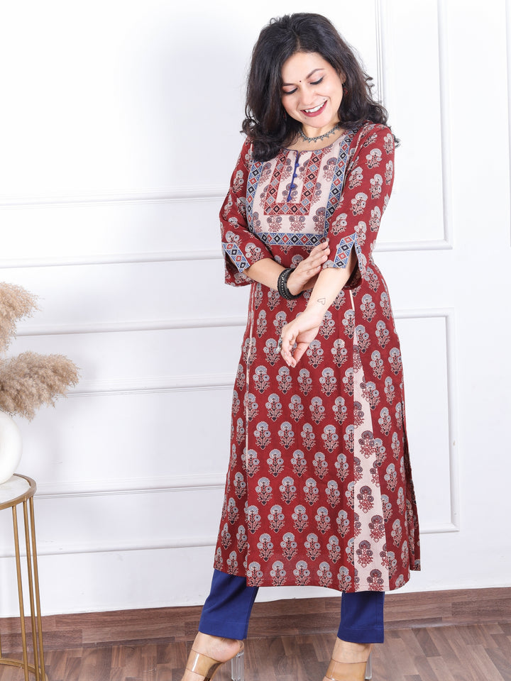 Dashtaan Berry Red Authentic Ajrak Print with Potli Button Kali Style Cotton Kurti