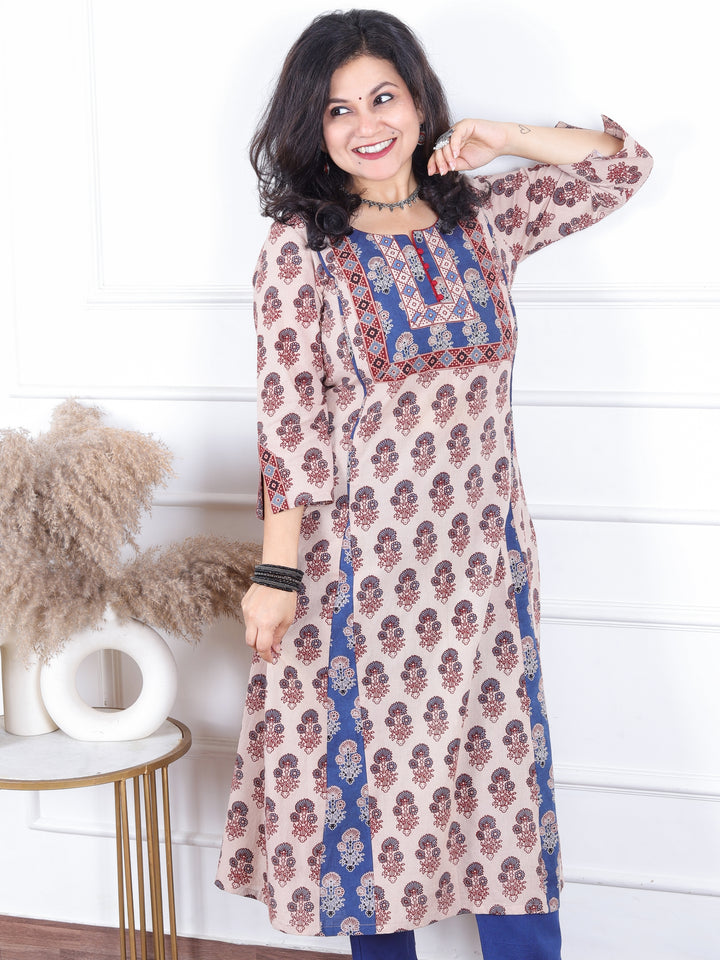 Dashtaan Skin Beige Authentic Ajrak Print with Potli Button Kali Style Cotton Kurti