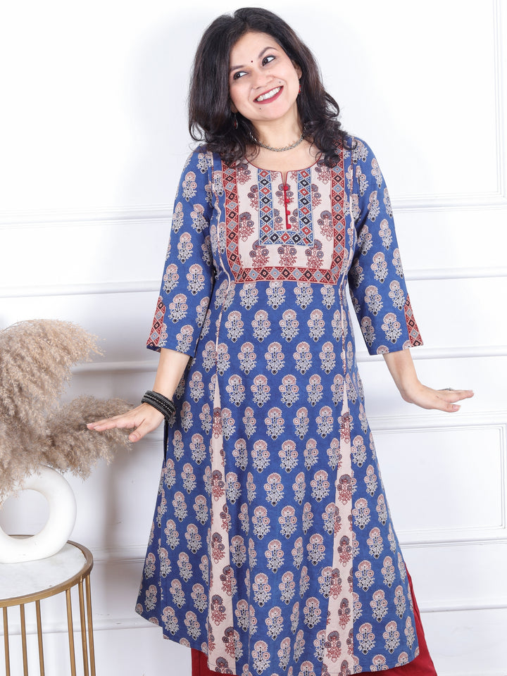 Dashtaan Cerulean Blue Authentic Ajrak Print with Potli Button Kali Style Cotton Kurti