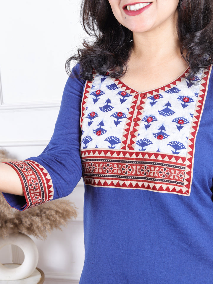 Dashtaan Royal Blue Dabu Print Yoke with Mirror Work Cotton Kurti