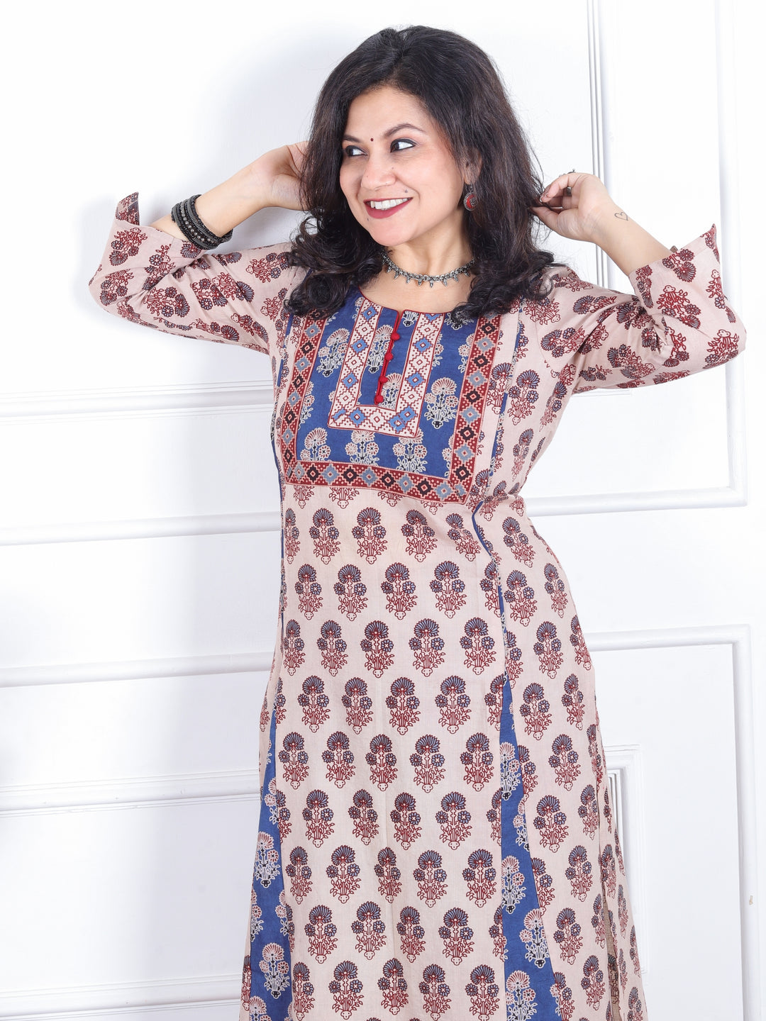 Dashtaan Skin Beige Authentic Ajrak Print with Potli Button Kali Style Cotton Kurti