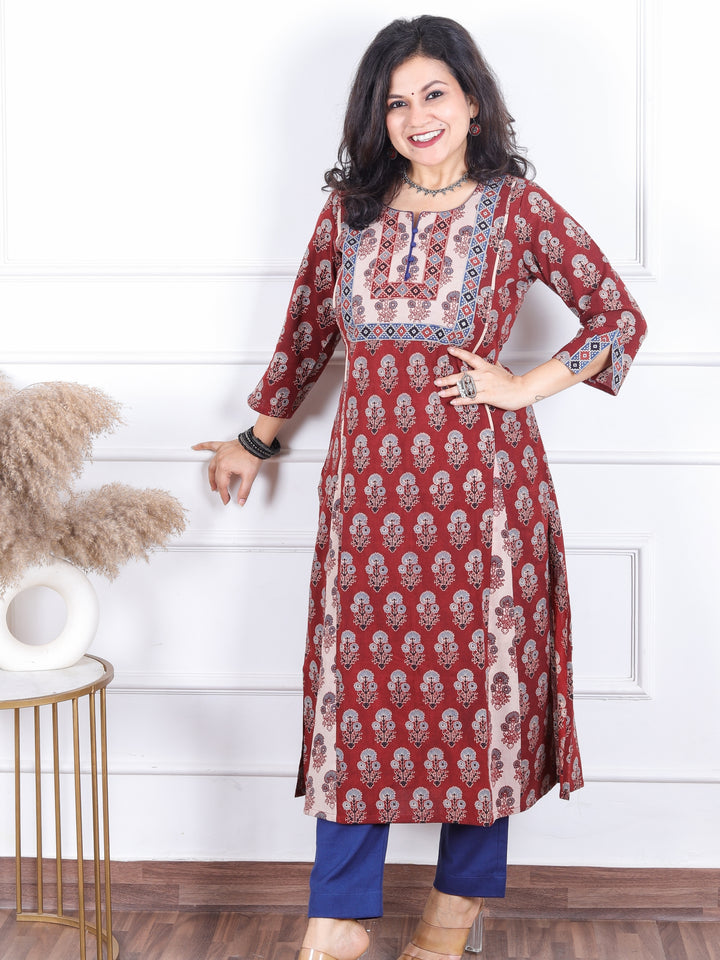 Dashtaan Berry Red Authentic Ajrak Print with Potli Button Kali Style Cotton Kurti