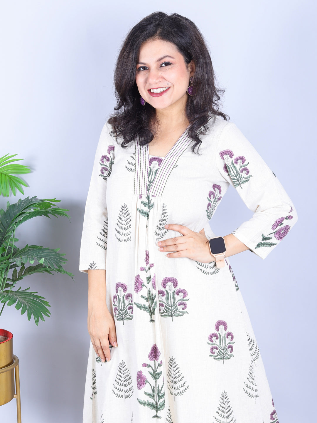 Aahista Shell White with Purple Floral Print Thread with Gather Work Cotton 2 Piece Set