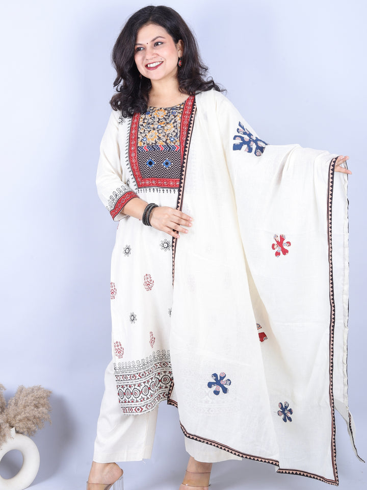 Aahista Shell White Kutch Work Patch with Mirror Block Print Cotton 3 Piece Set