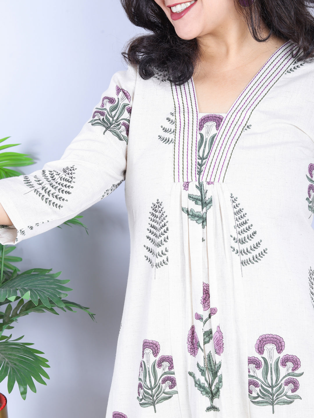 Aahista Shell White with Purple Floral Print Thread with Gather Work Cotton 2 Piece Set