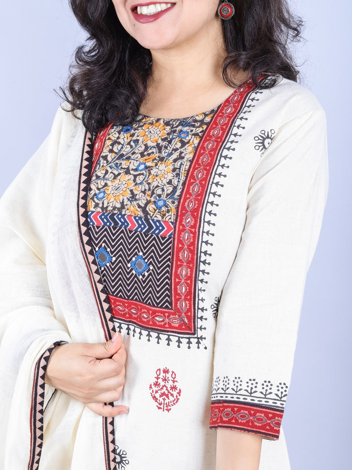 Aahista Shell White Kutch Work Patch with Mirror Block Print Cotton 3 Piece Set