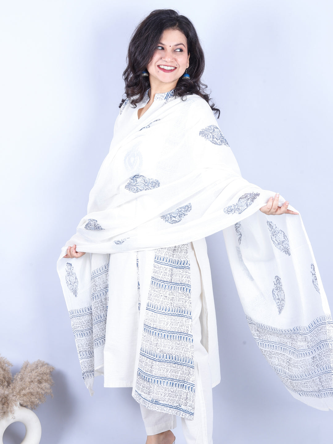 Aahista Off-White Applique Work Patch with Ajrak Printed Panel Cotton 3 Piece Set
