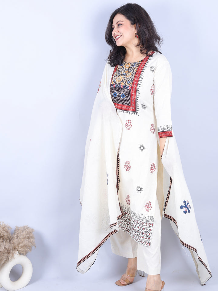 Aahista Shell White Kutch Work Patch with Mirror Block Print Cotton 3 Piece Set
