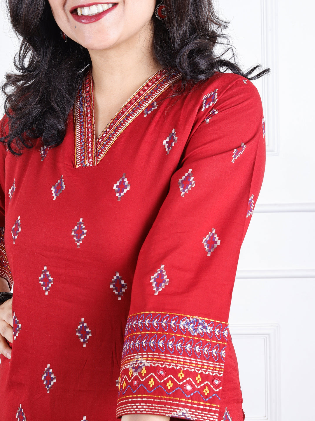 Aahista Berry Red V Embellish Neck with All Over Pigment Print Work Cotton Kurti