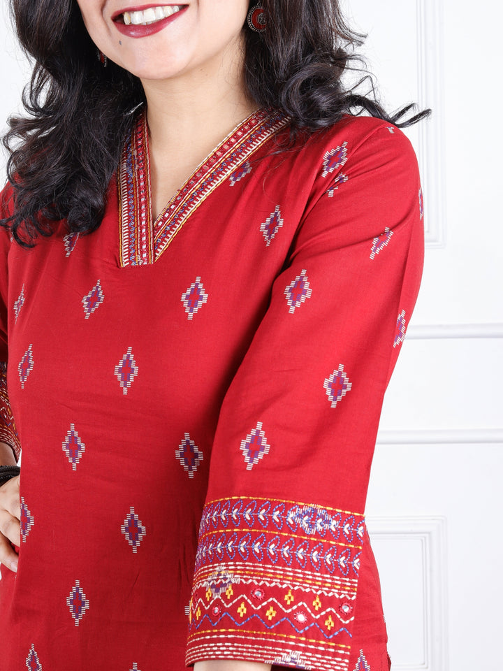 Aahista Berry Red V Embellish Neck with All Over Pigment Print Work Cotton Kurti