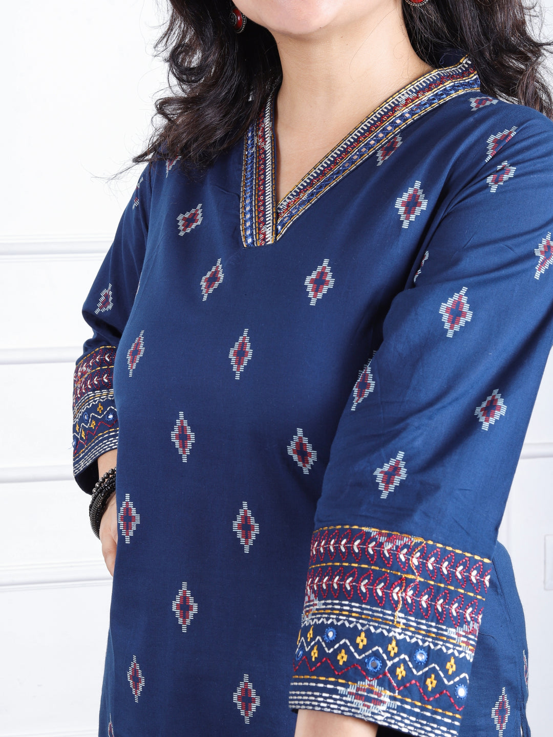 Aahista Denim Blue V Embellish Neck with All Over Pigment Print Work Cotton Kurti