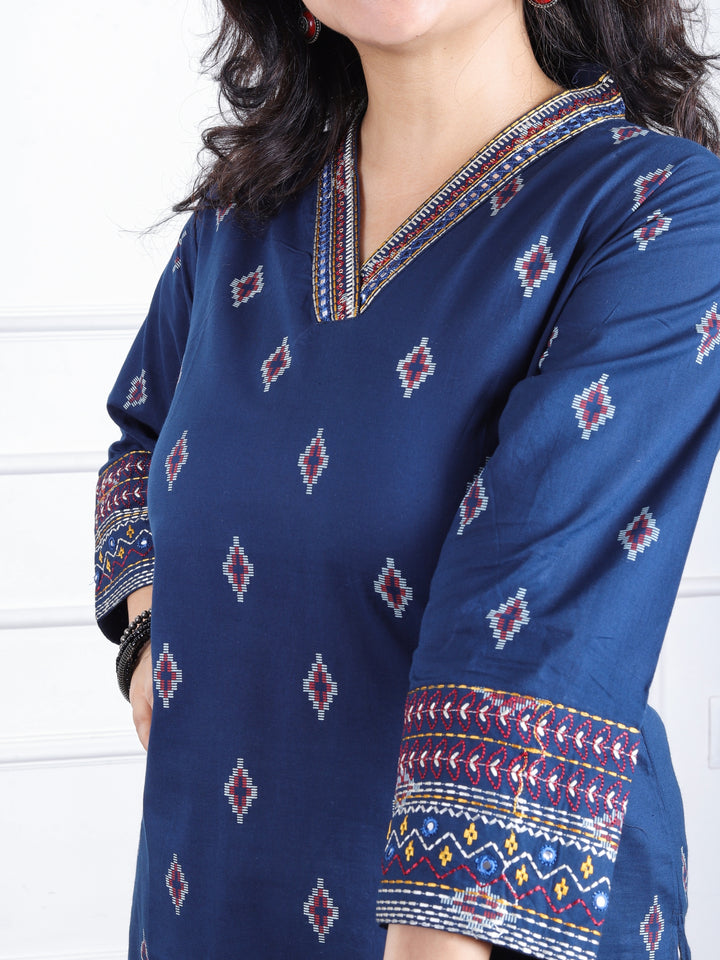 Aahista Denim Blue V Embellish Neck with All Over Pigment Print Work Cotton Kurti