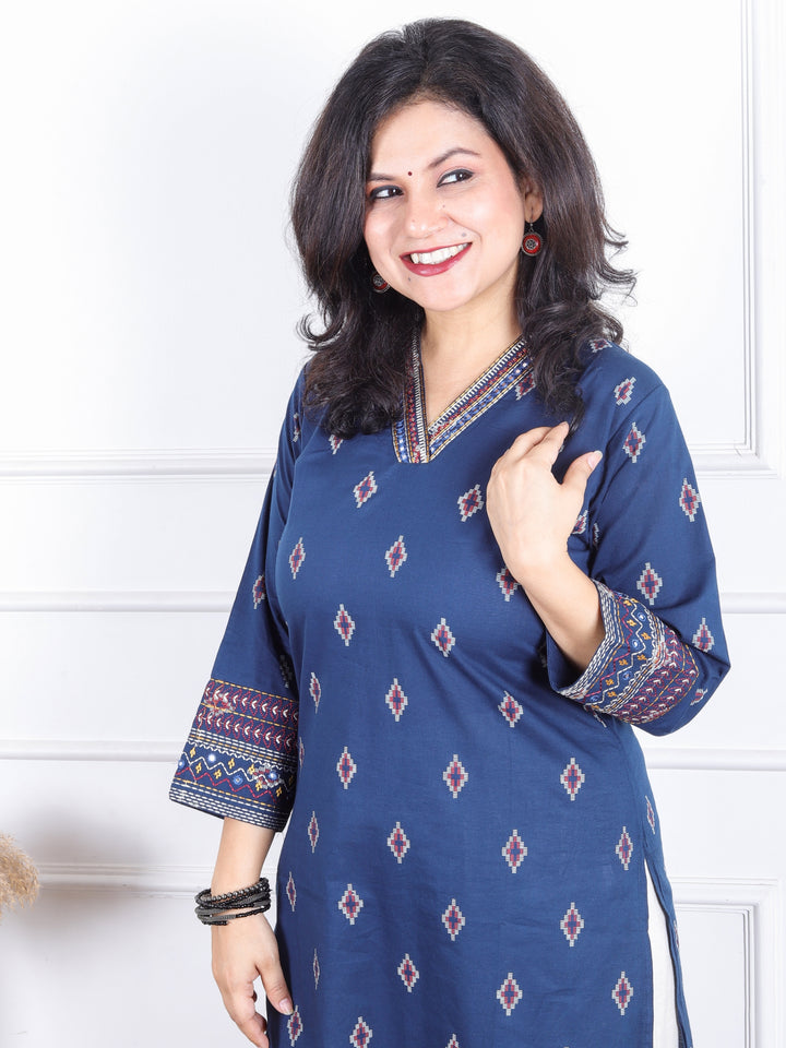 Aahista Denim Blue V Embellish Neck with All Over Pigment Print Work Cotton Kurti