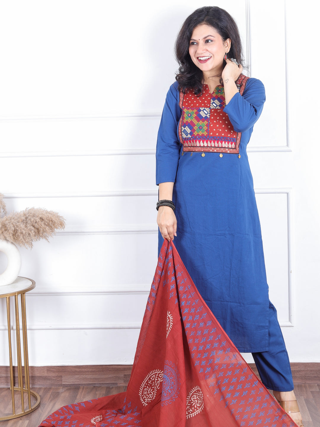 Aahista Royal Blue Ajrak Patches Neck Work with Mirror Cotton 3 Piece Set