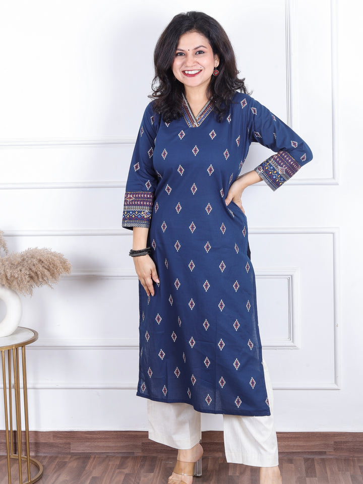 Aahista Denim Blue V Embellish Neck with All Over Pigment Print Work Cotton Kurti