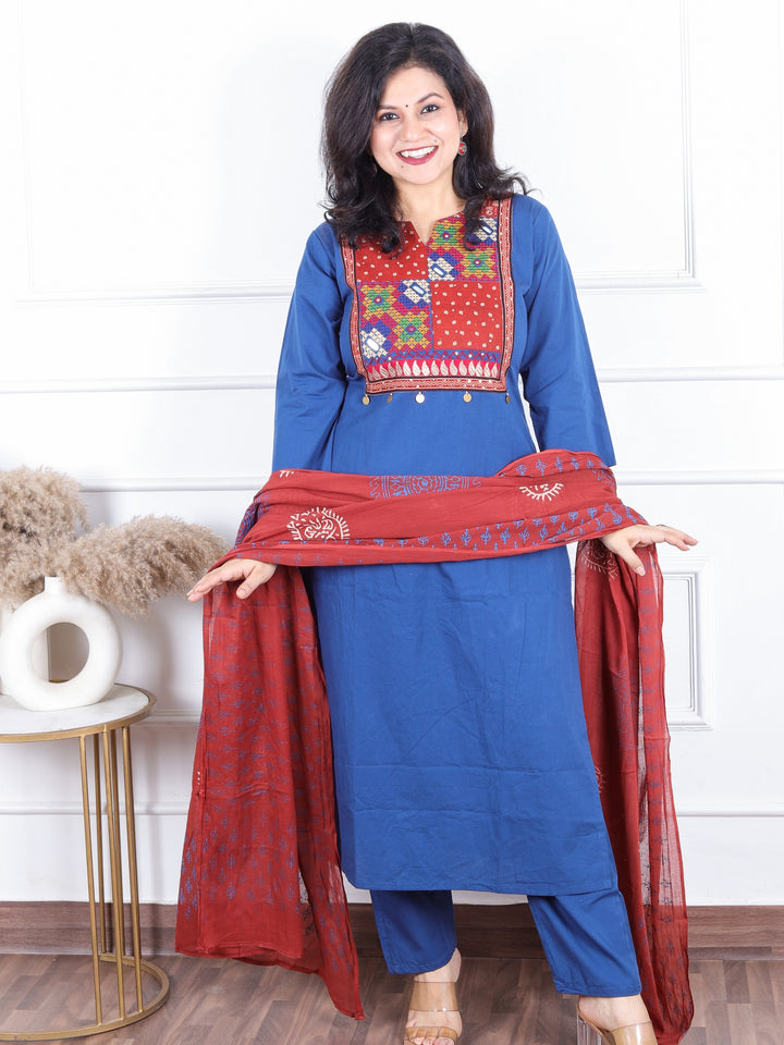 Aahista Royal Blue Ajrak Patches Neck Work with Mirror Cotton 3 Piece Set