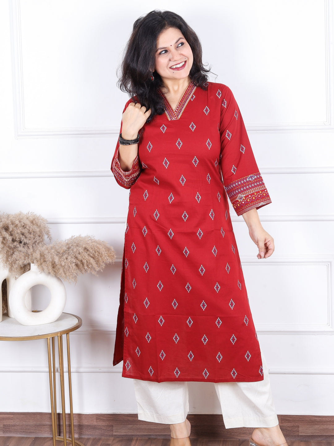 Aahista Berry Red V Embellish Neck with All Over Pigment Print Work Cotton Kurti