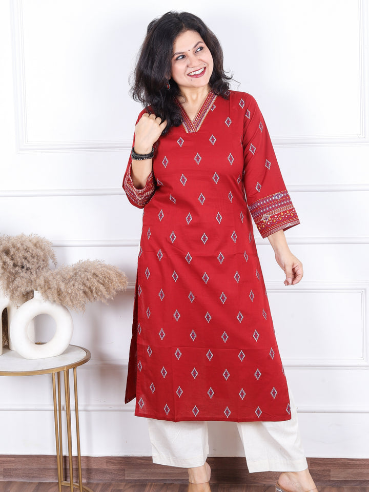 Aahista Berry Red V Embellish Neck with All Over Pigment Print Work Cotton Kurti