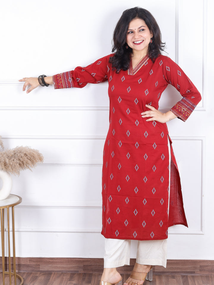 Aahista Berry Red V Embellish Neck with All Over Pigment Print Work Cotton Kurti