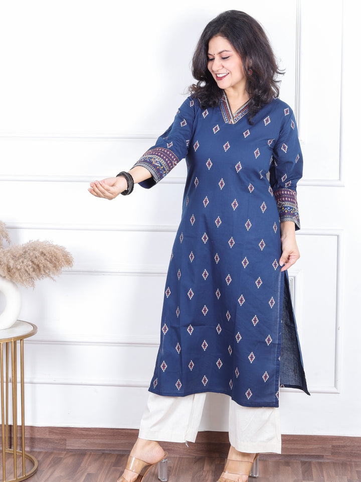 Aahista Denim Blue V Embellish Neck with All Over Pigment Print Work Cotton Kurti