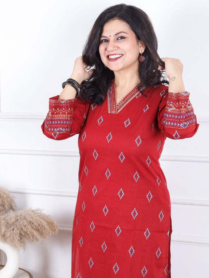Aahista Berry Red V Embellish Neck with All Over Pigment Print Work Cotton Kurti