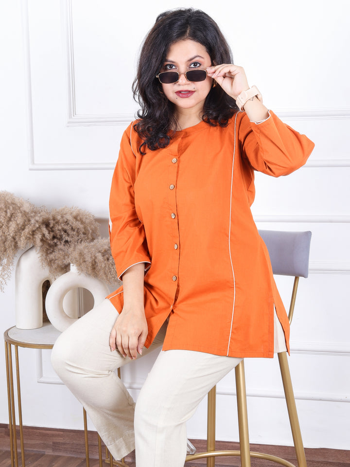 Rani Tangerine Orange Ban Collar with Piping and Button Work Short Cotton Shirt