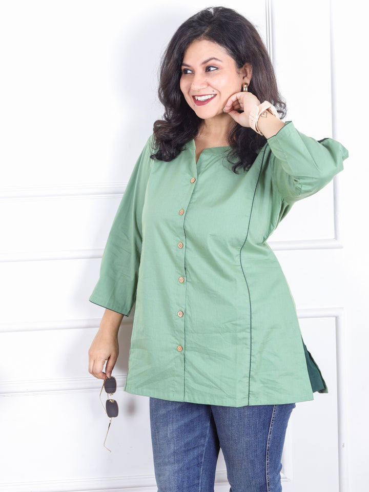 Rani Fern Green Ban Collar with Piping and Button Work Short Cotton Shirt