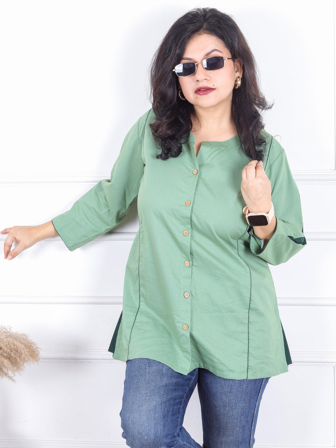 Rani Fern Green Ban Collar with Piping and Button Work Short Cotton Shirt
